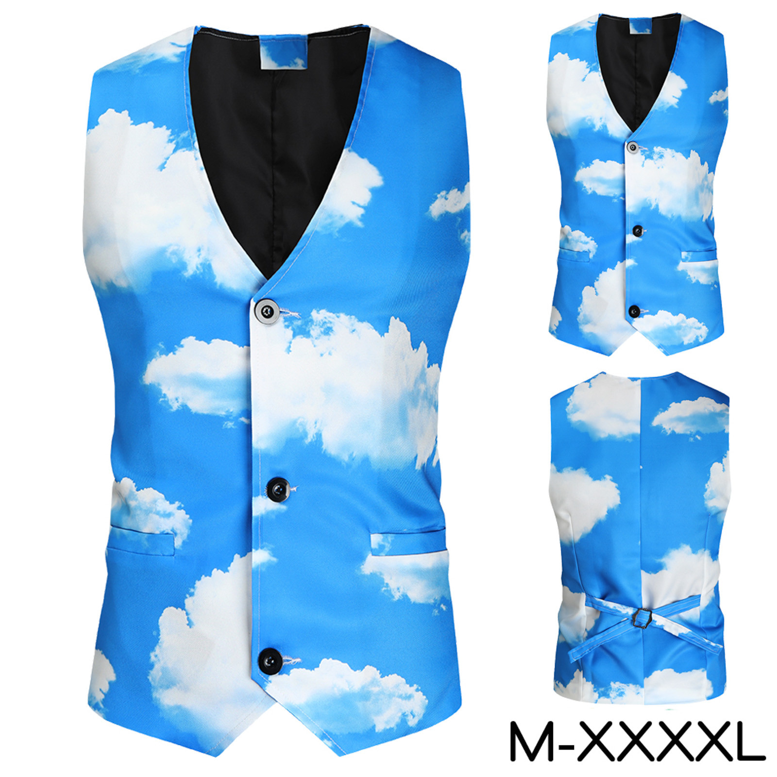 Luowei Men's Christmas Fashion Top, Blue Christmas Printed Top, Men's Fashion Casual Buckle Printed Single-Breasted Suit Vest, L
